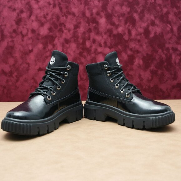 Timberland Women Greyfield Black Canvas Patent Leather Lace-up Stomp Boots sz 7 - Picture 3 of 8